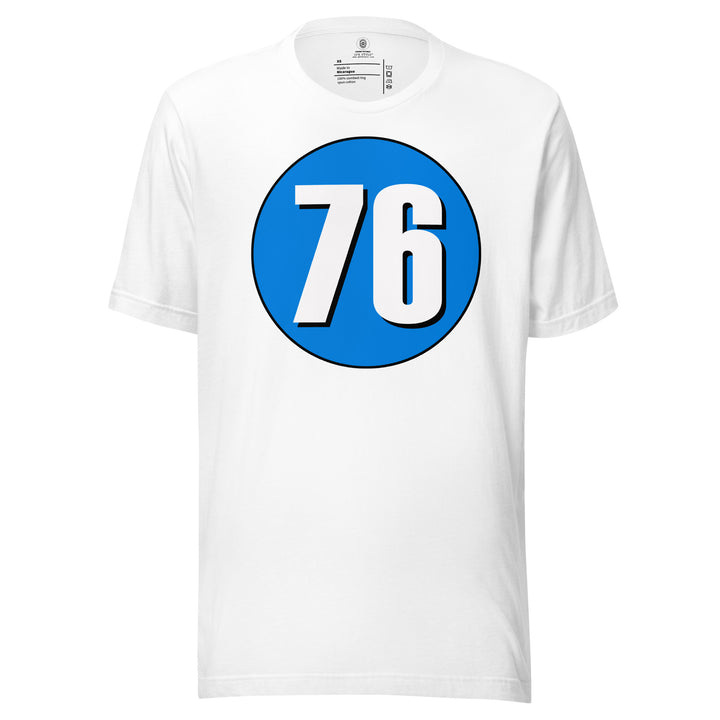 Unisex t-shirt: White on Blue 76