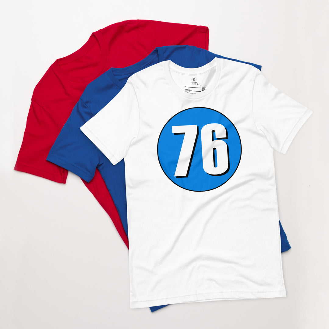 Unisex t-shirt: White on Blue 76