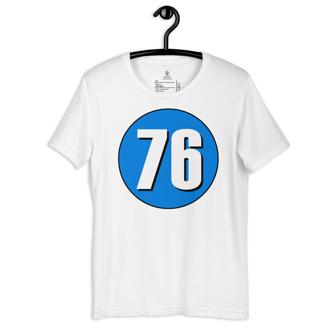 Unisex t-shirt: White on Blue 76