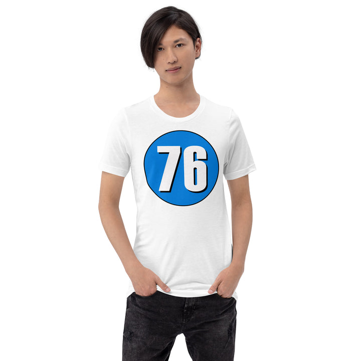 Unisex t-shirt: White on Blue 76