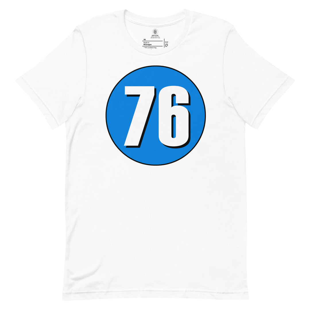 Unisex t-shirt: White on Blue 76