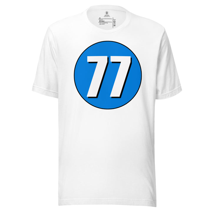 Unisex t-shirt: White on Blue 77