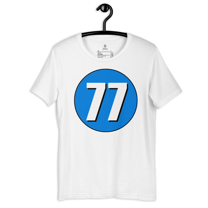 Unisex t-shirt: White on Blue 77