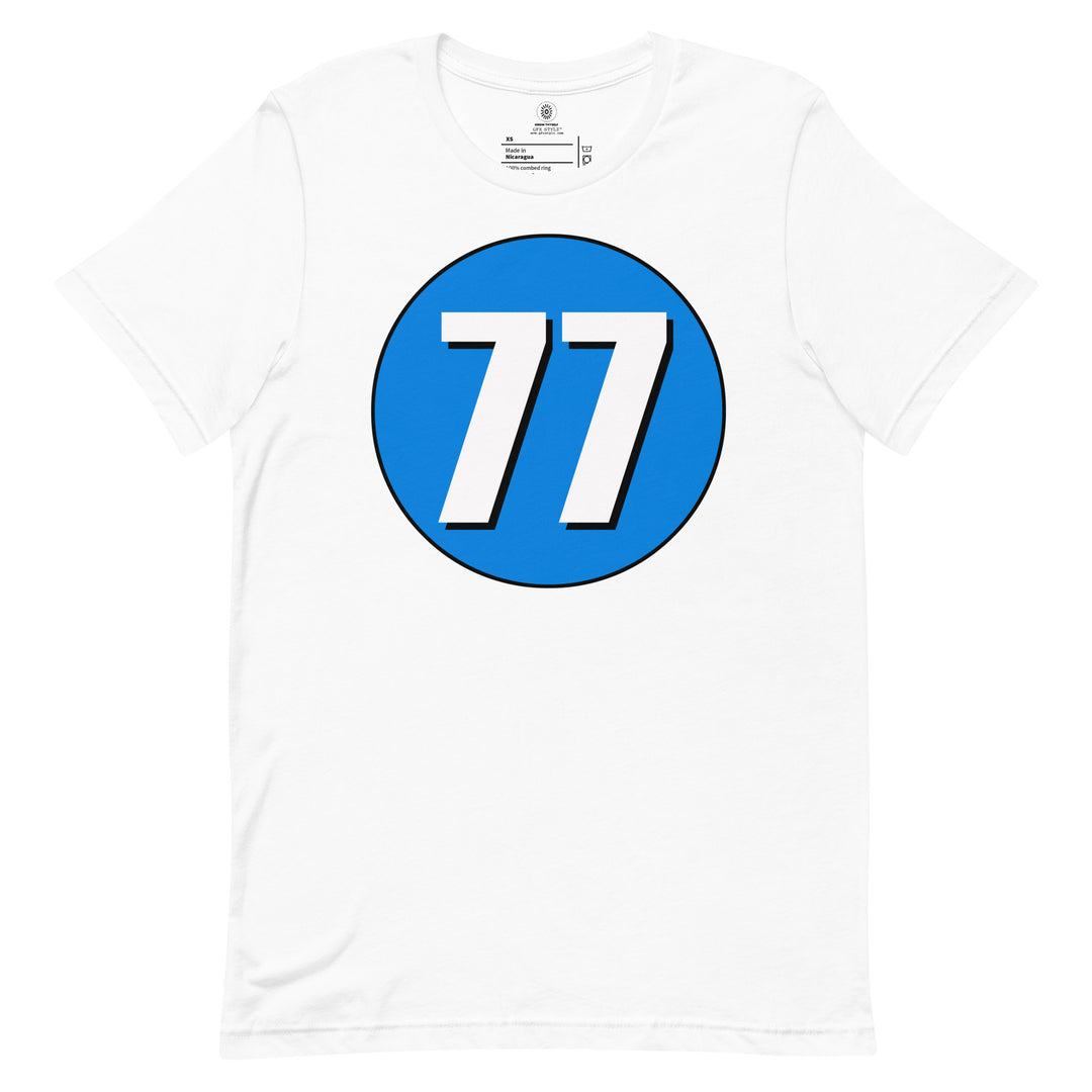 Unisex t-shirt: White on Blue 77