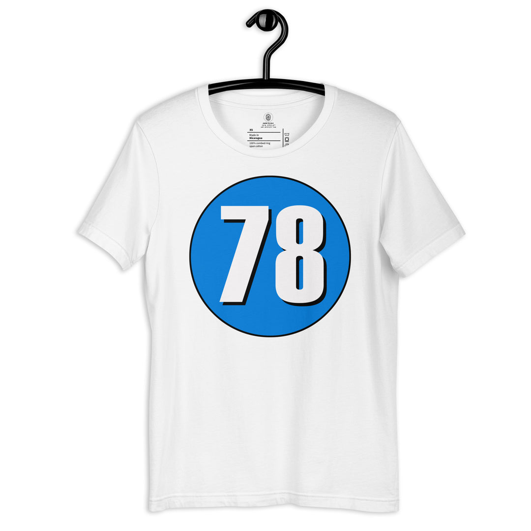 Unisex t-shirt: White on Blue 78