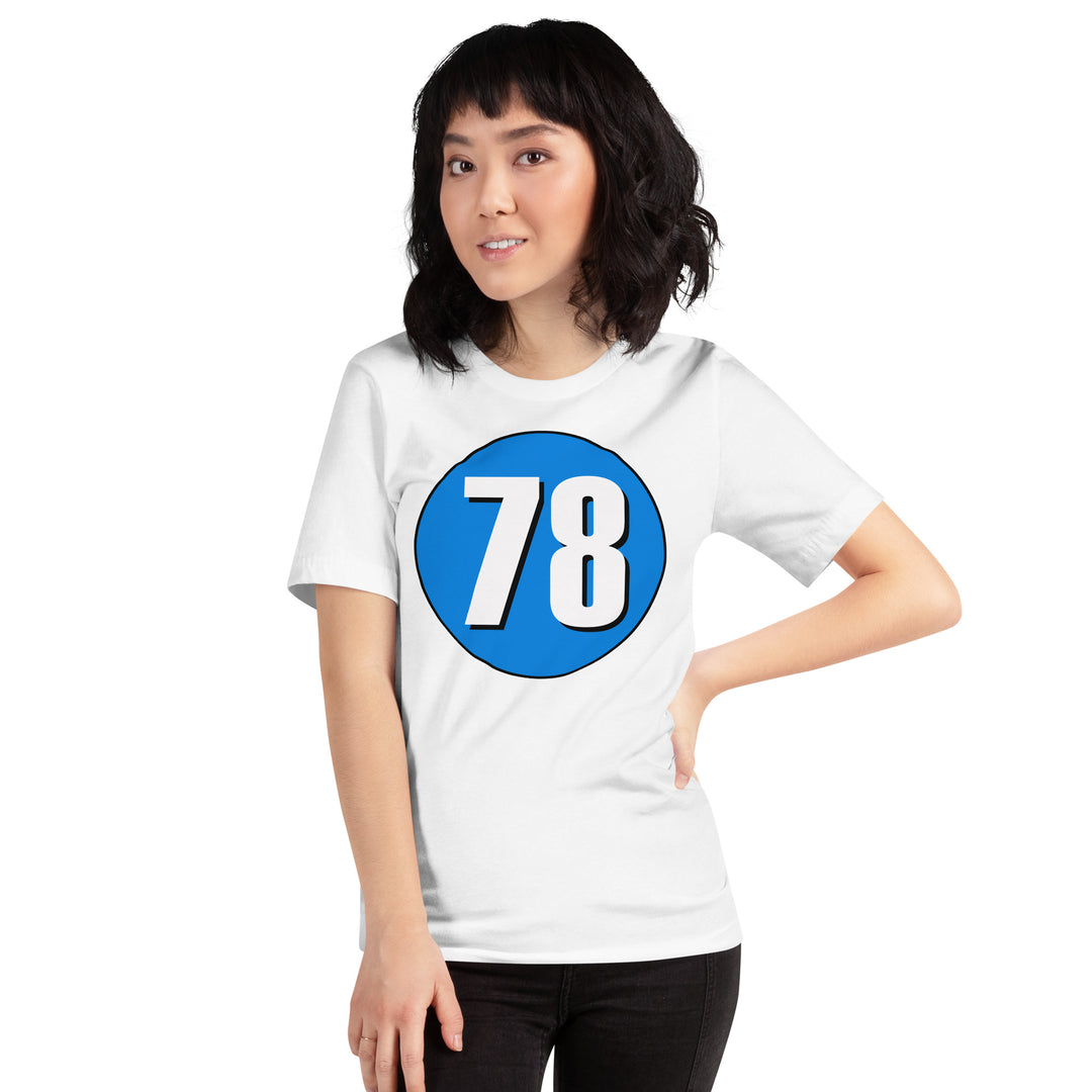 Unisex t-shirt: White on Blue 78