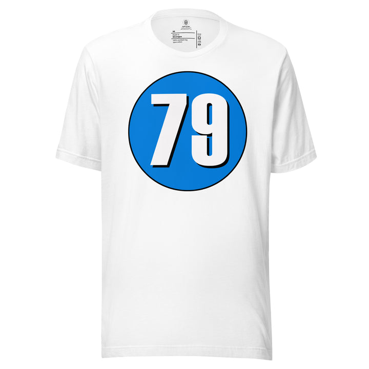 Unisex t-shirt: White on Blue 79