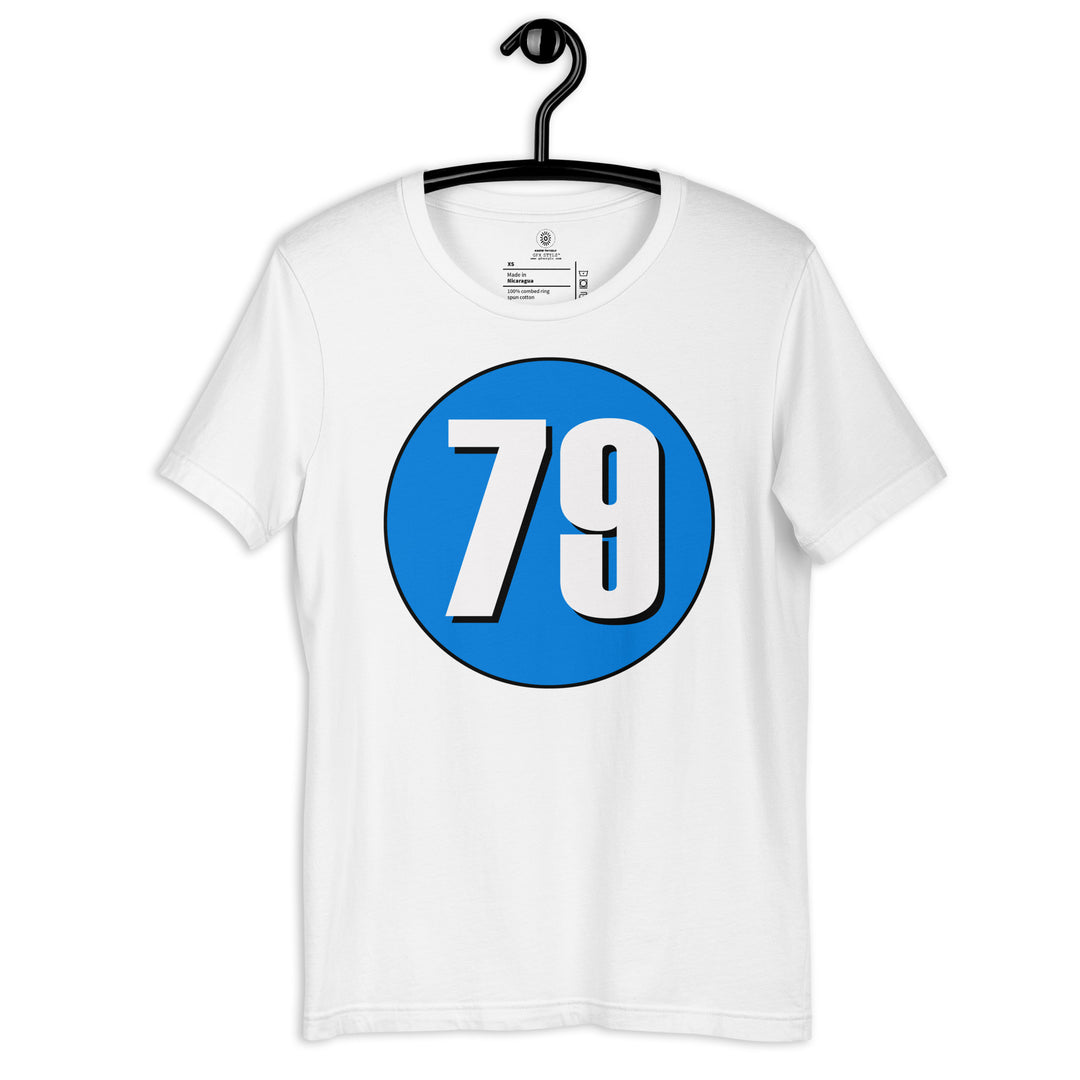 Unisex t-shirt: White on Blue 79