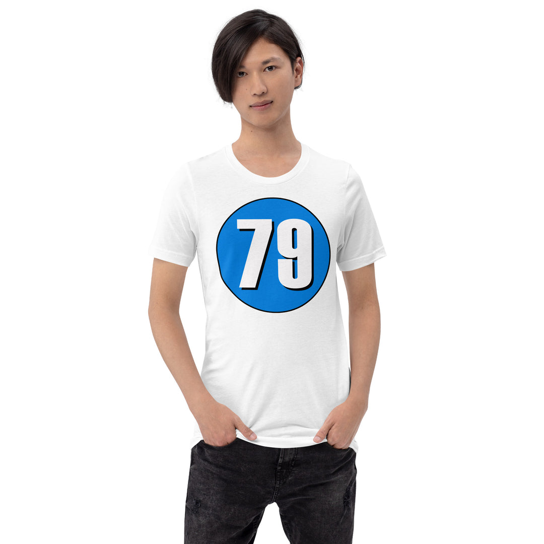 Unisex t-shirt: White on Blue 79