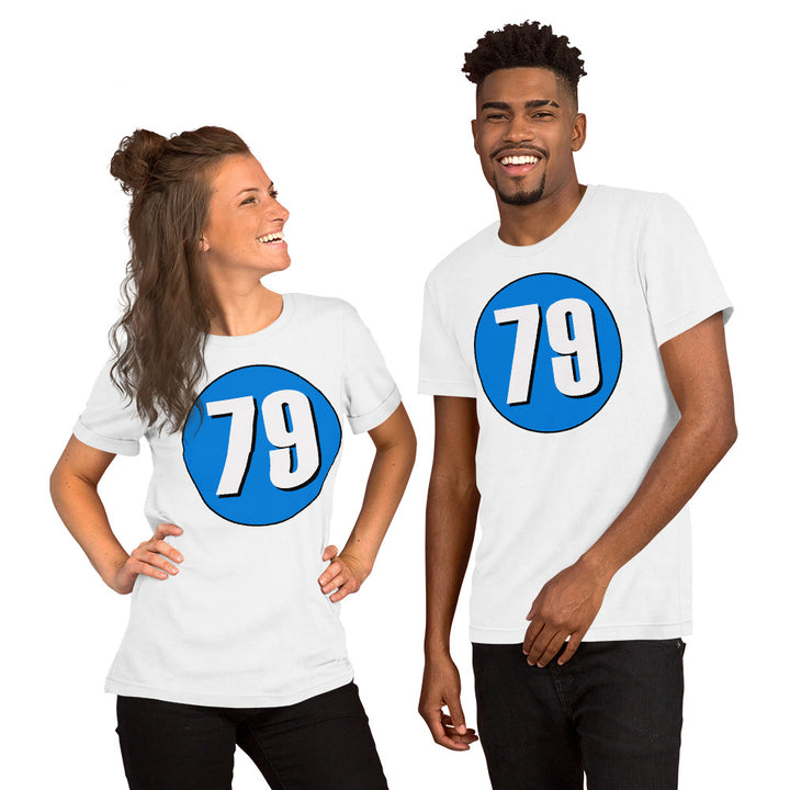 Unisex t-shirt: White on Blue 79