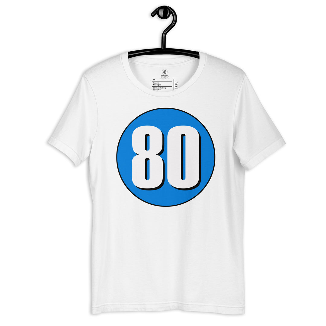 Unisex t-shirt: White on Blue 80