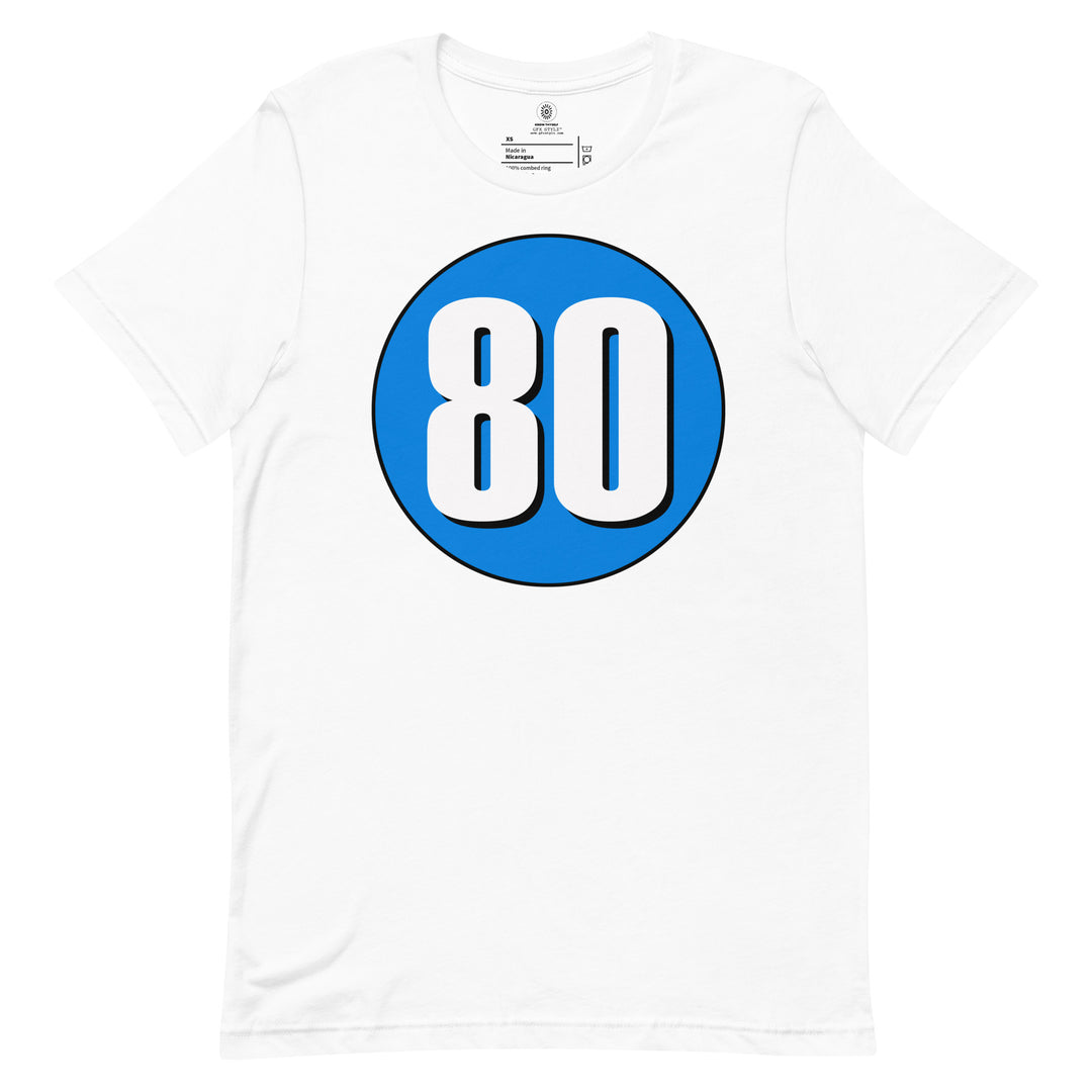 Unisex t-shirt: White on Blue 80