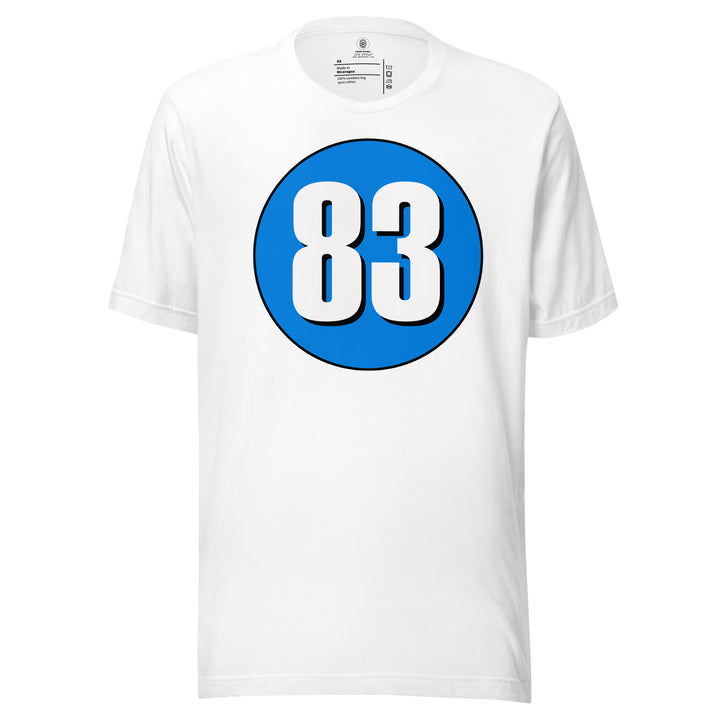 Unisex t-shirt: White on Blue 83