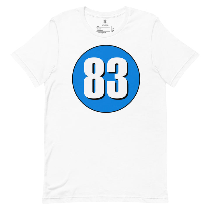 Unisex t-shirt: White on Blue 83