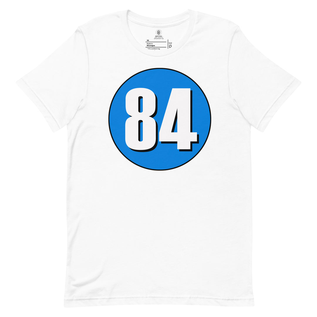 Unisex t-shirt: White on Blue 84