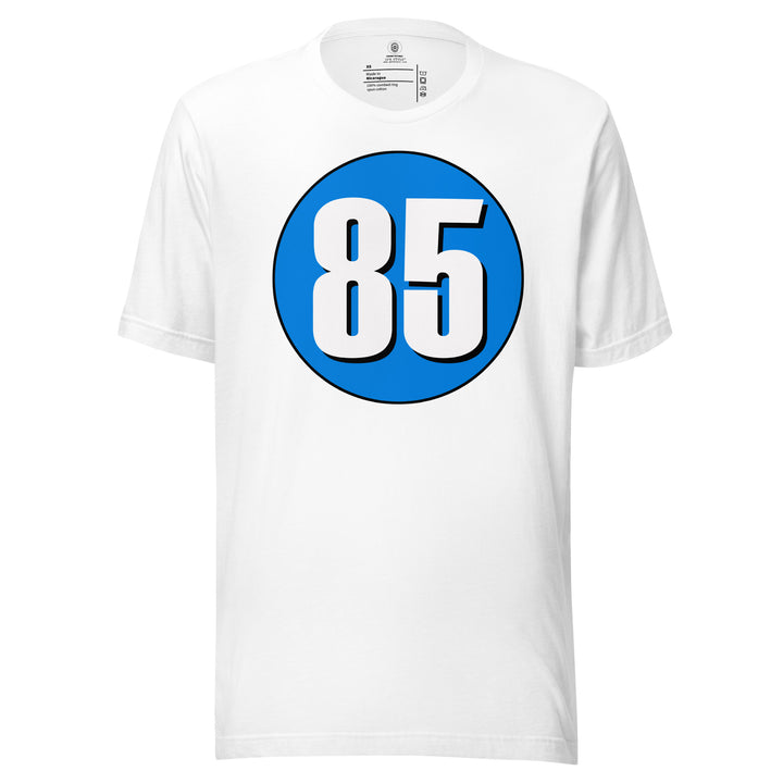 Unisex t-shirt: White on Blue 85