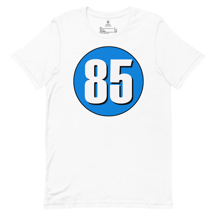 Unisex t-shirt: White on Blue 85