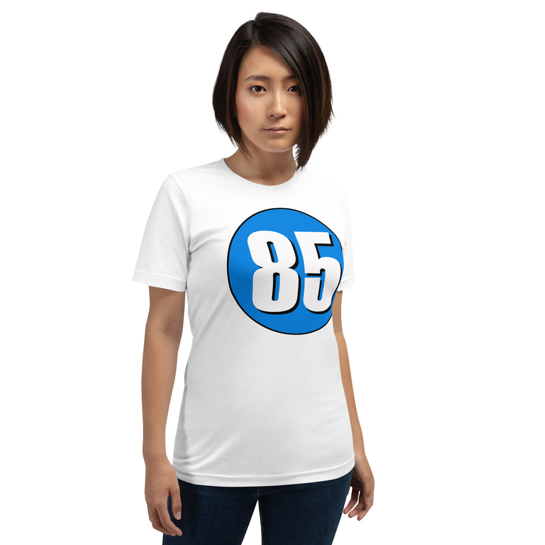 Unisex t-shirt: White on Blue 85