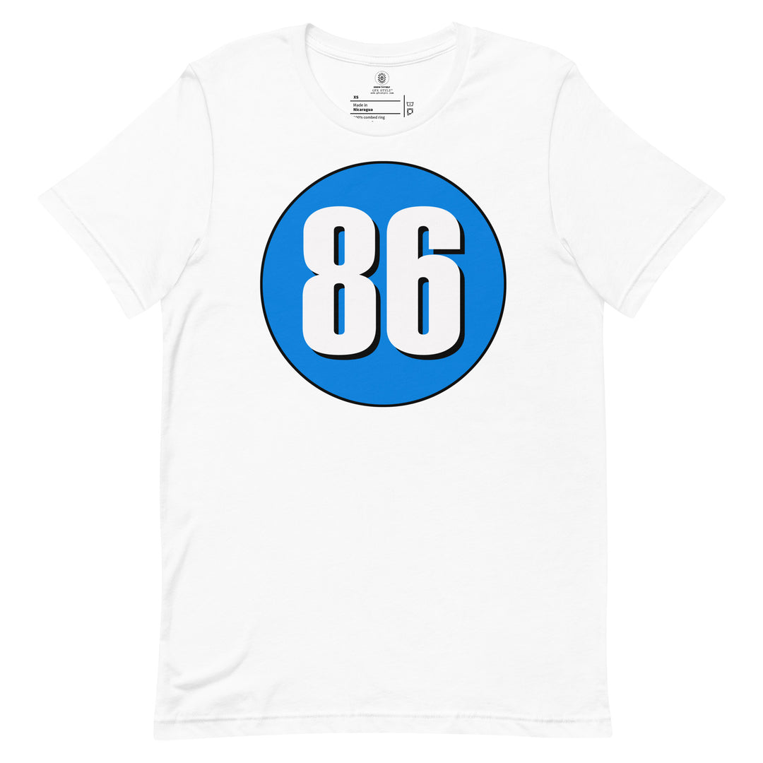 Unisex t-shirt: White on Blue 86