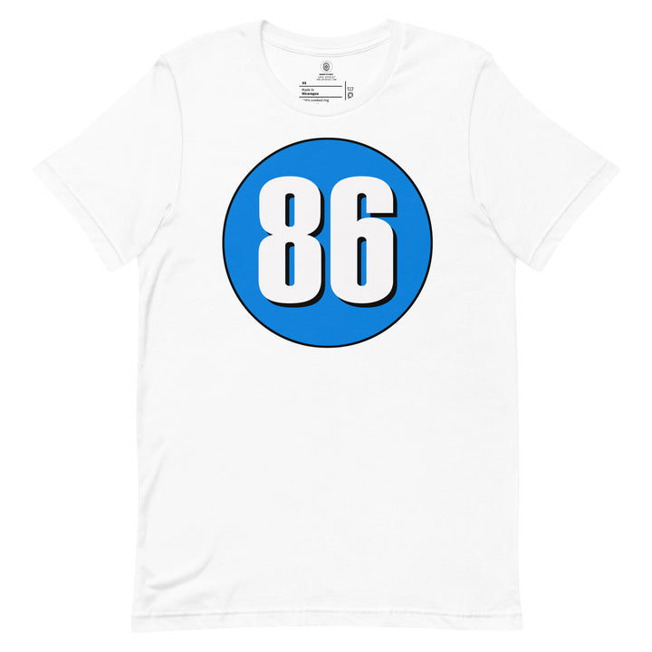 Unisex t-shirt: White on Blue 86