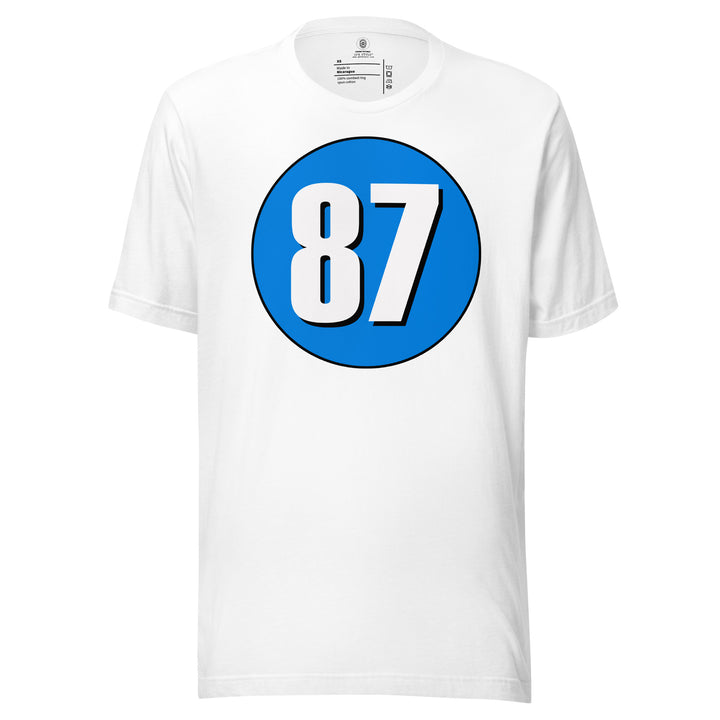 Unisex t-shirt: White on Blue 87