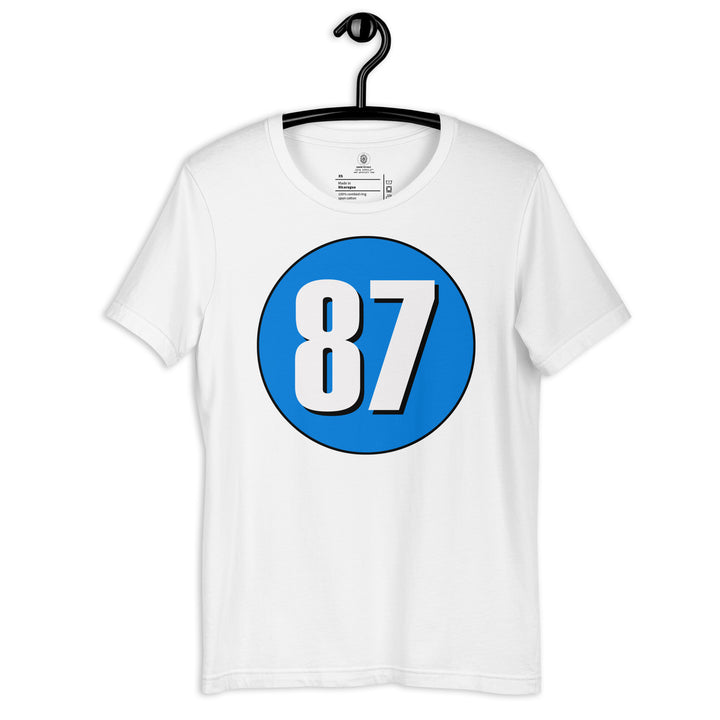 Unisex t-shirt: White on Blue 87