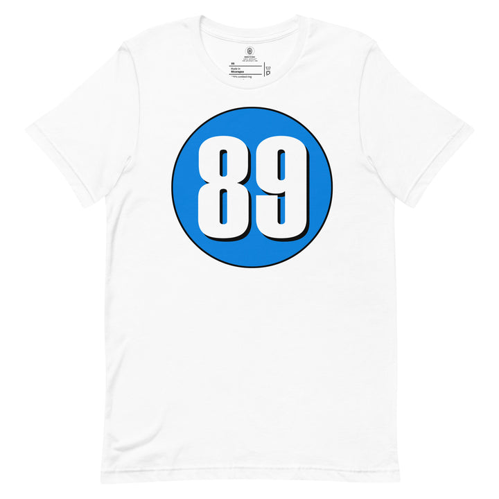 Unisex t-shirt: White on Blue 89