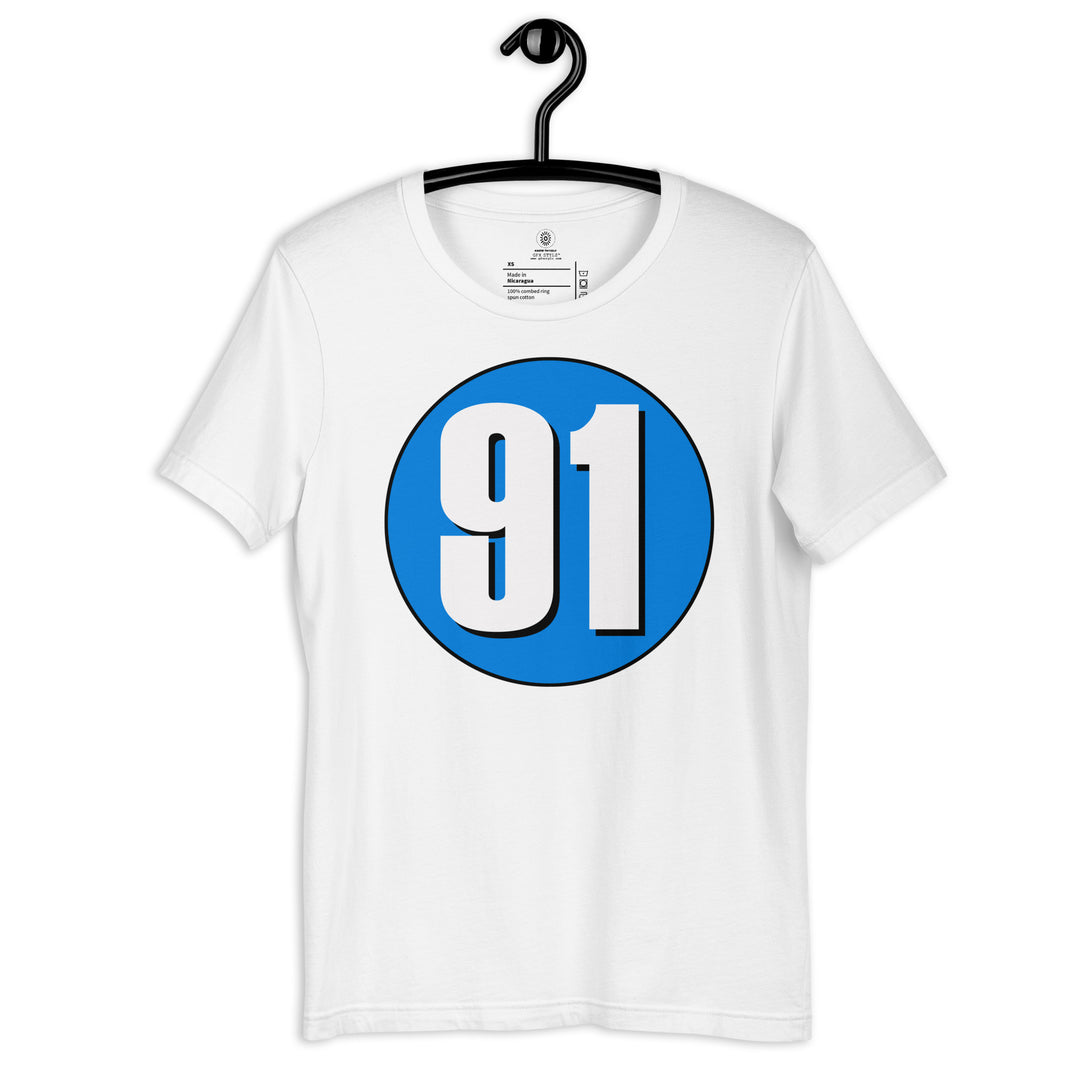 Unisex t-shirt: White on Blue 91