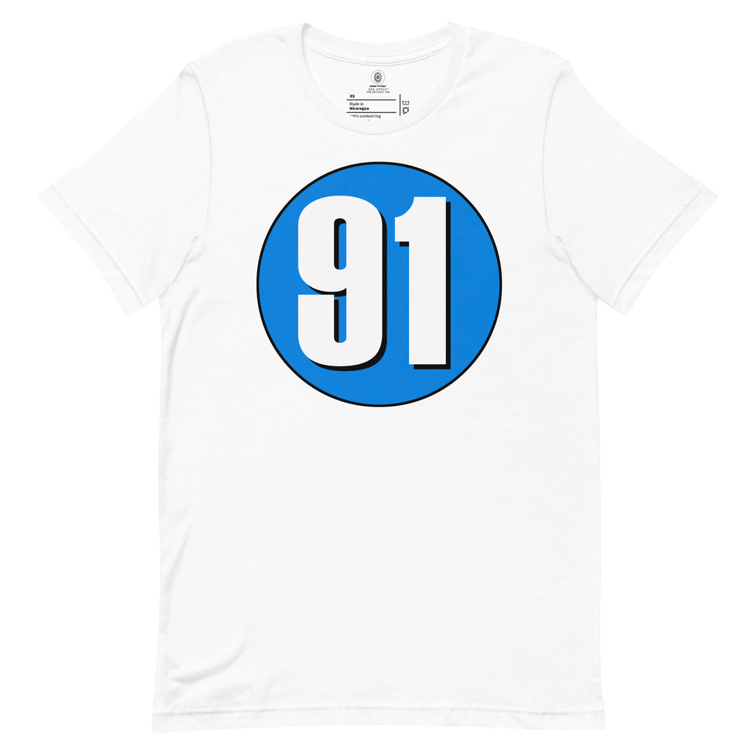 Unisex t-shirt: White on Blue 91