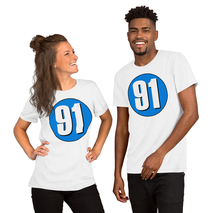 Unisex t-shirt: White on Blue 91