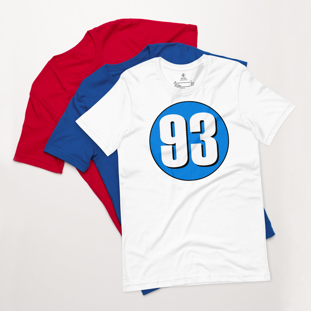 Unisex t-shirt: White on Blue 93