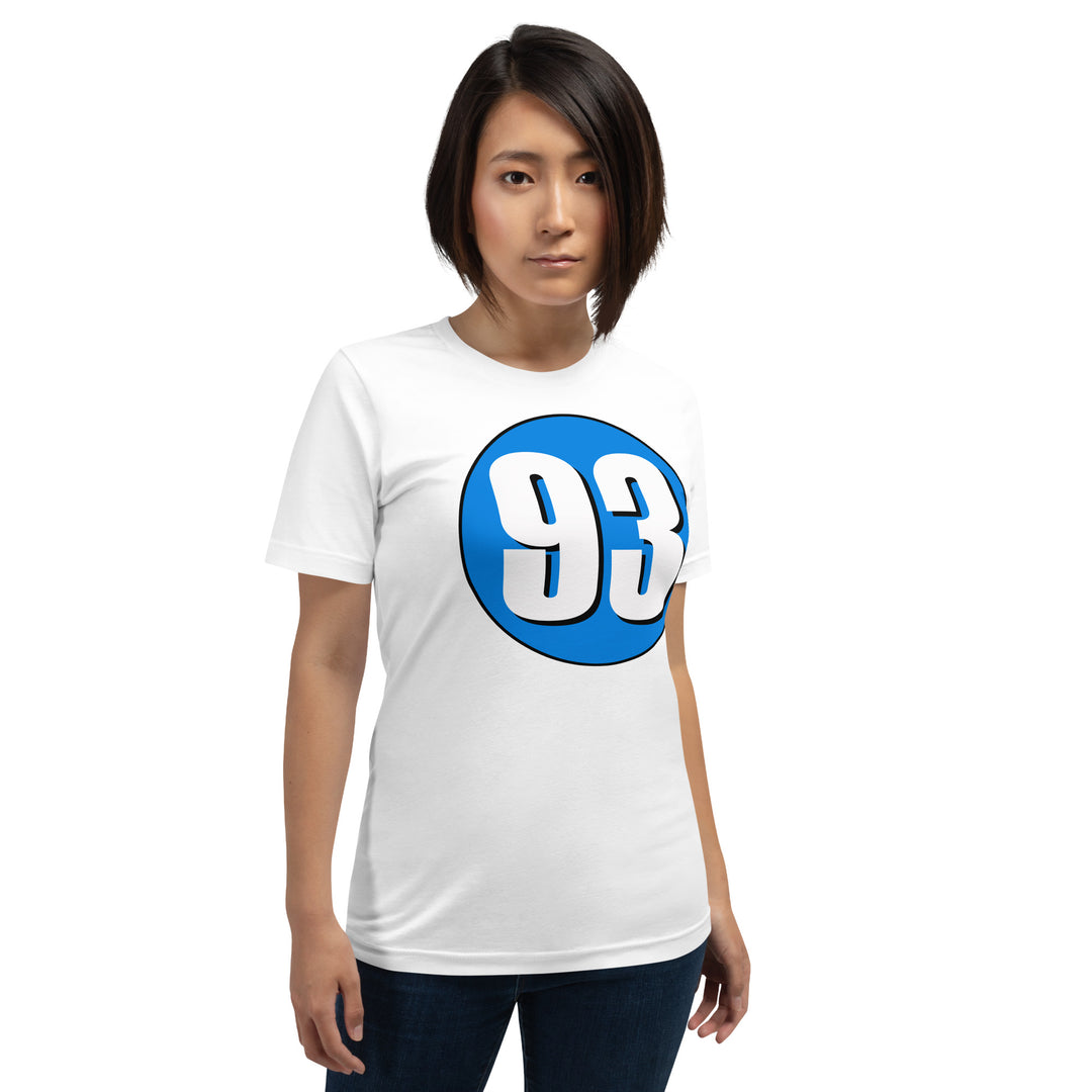 Unisex t-shirt: White on Blue 93