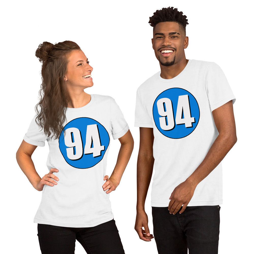 Unisex t-shirt: White on Blue 94