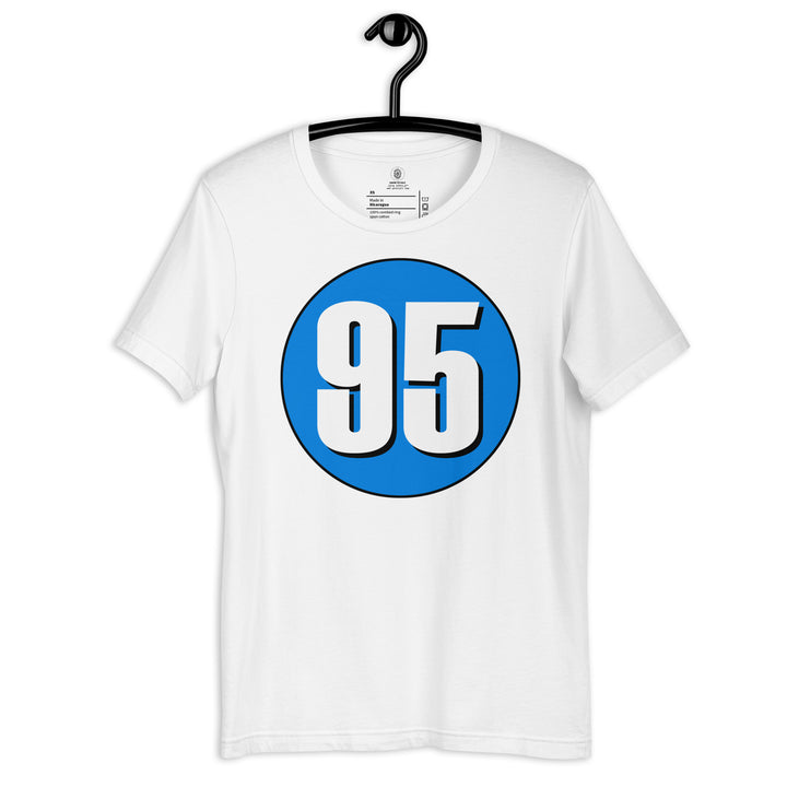 Unisex t-shirt: White on Blue 95