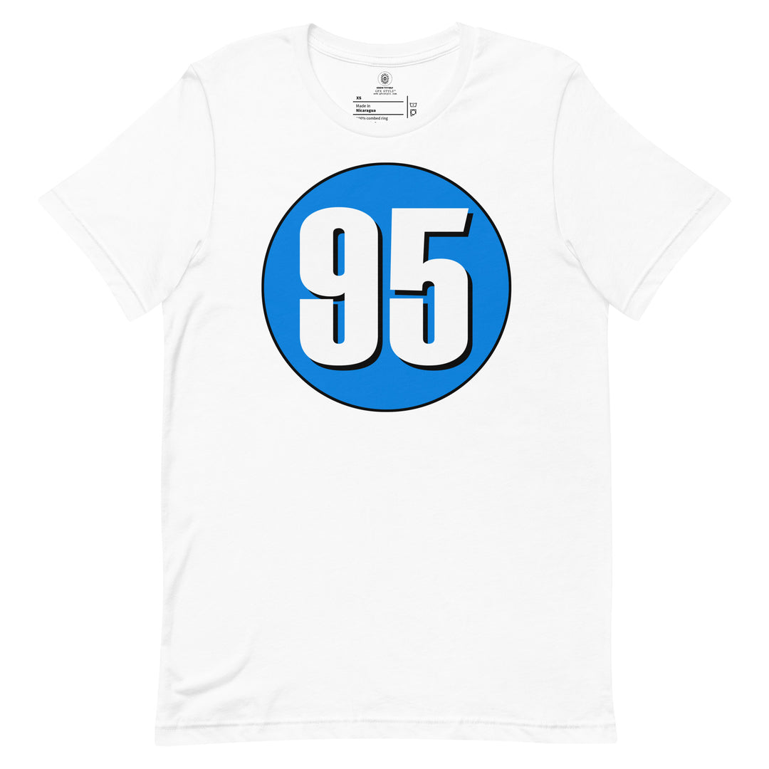 Unisex t-shirt: White on Blue 95