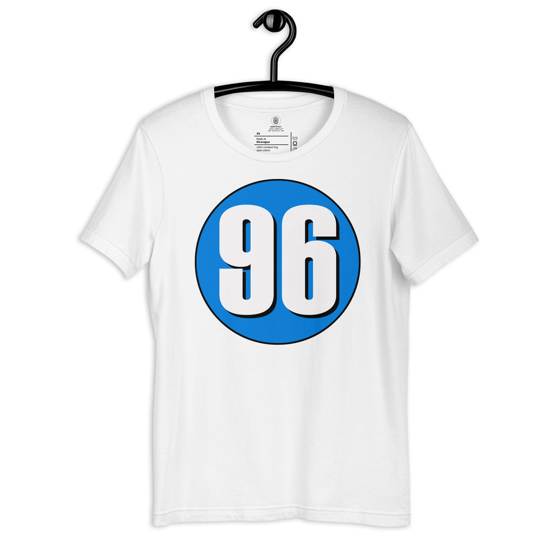 Unisex t-shirt: White on Blue 96