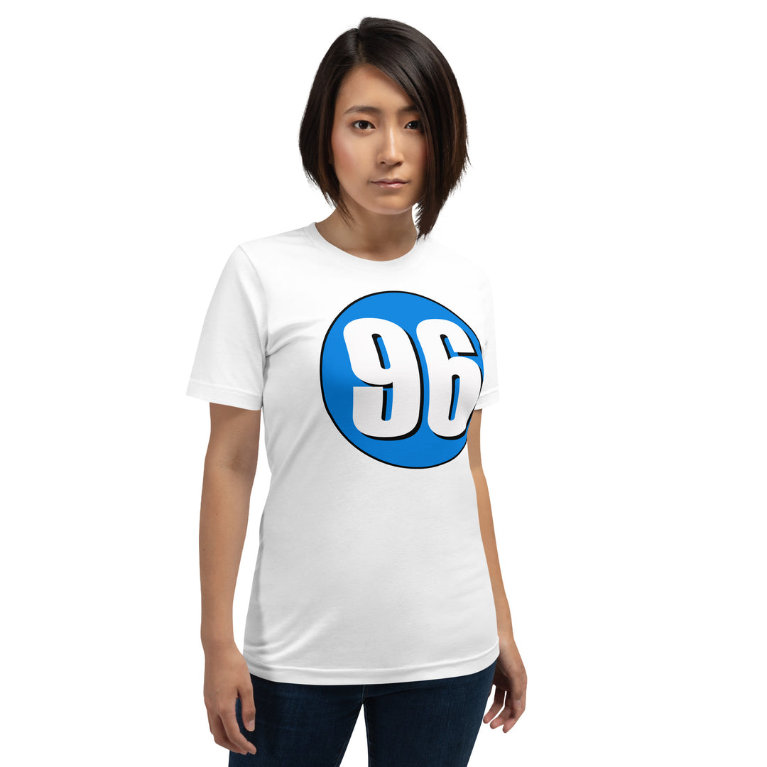 Unisex t-shirt: White on Blue 96