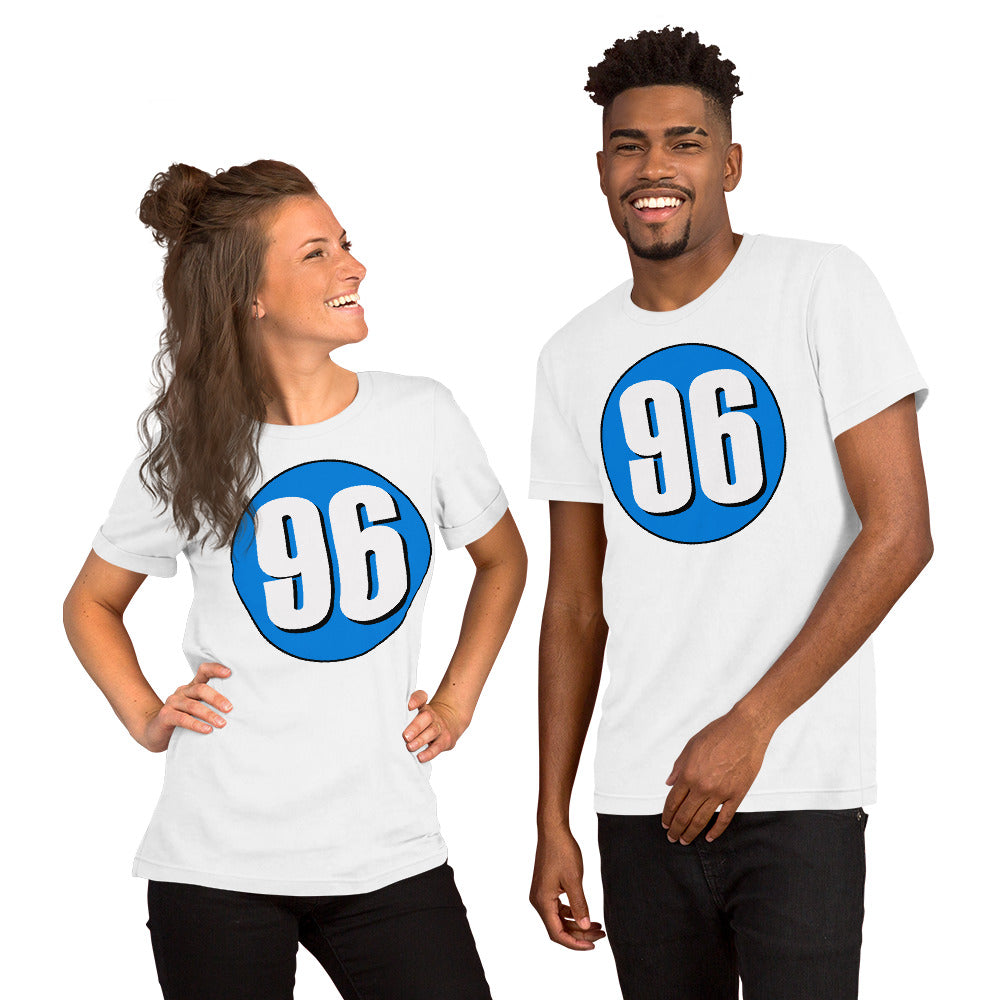 Unisex t-shirt: White on Blue 96