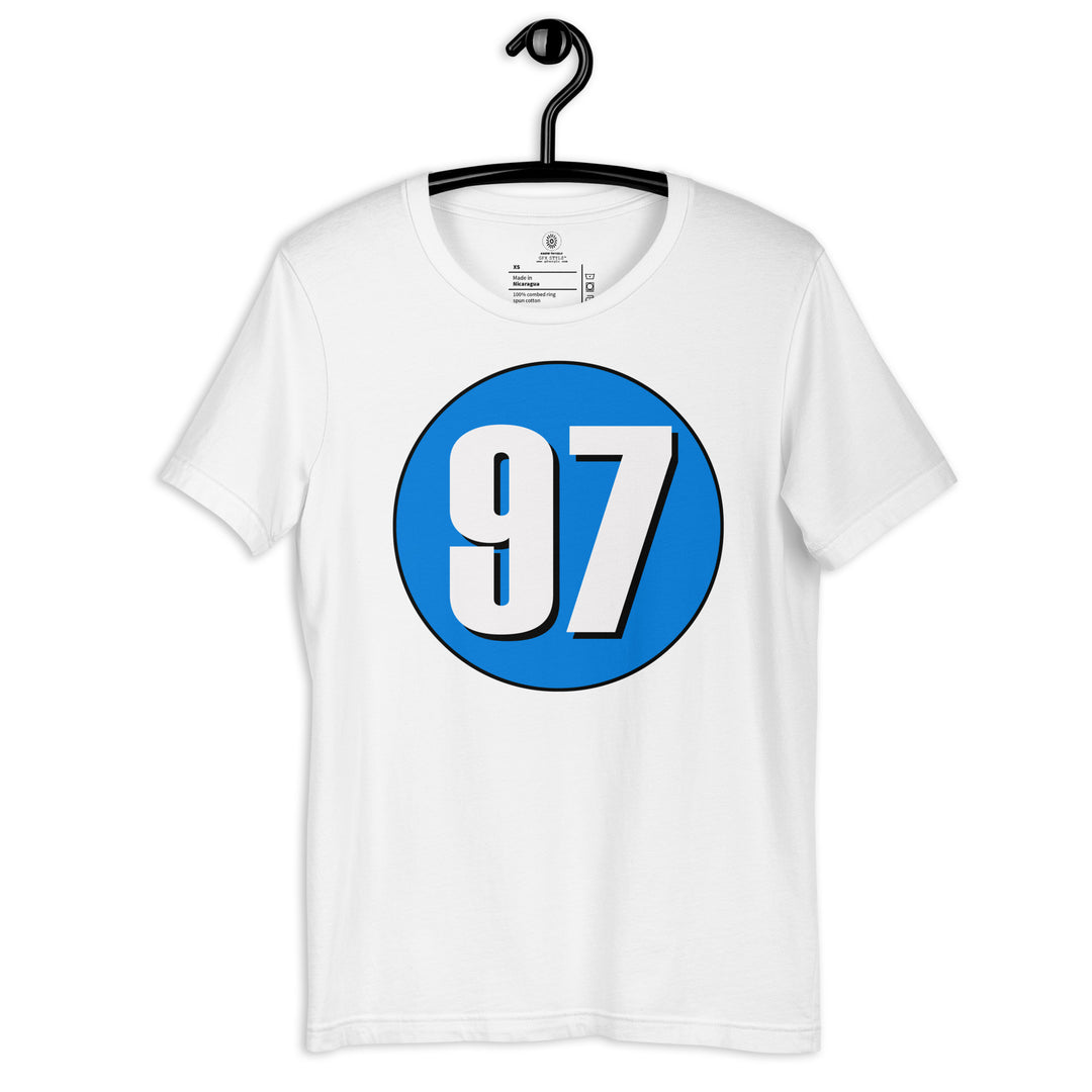 Unisex t-shirt: White on Blue 97