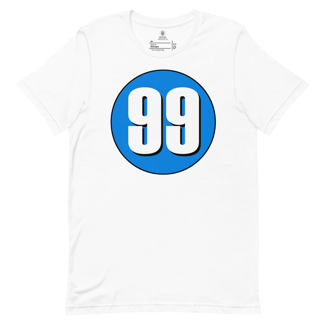 Unisex t-shirt: White on Blue 99