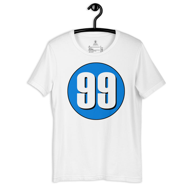 Unisex t-shirt: White on Blue 99