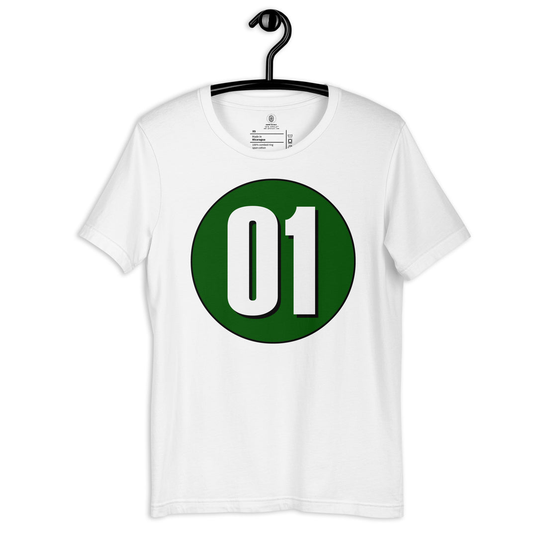 Unisex t-shirt: White on Hunter Green 01