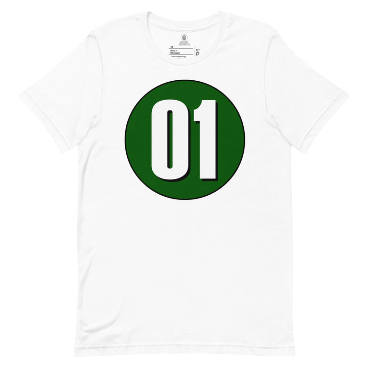 Unisex t-shirt: White on Hunter Green 01