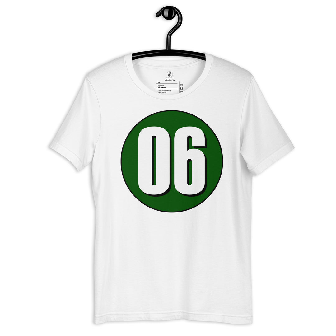 Unisex t-shirt: White on Hunter Green 06