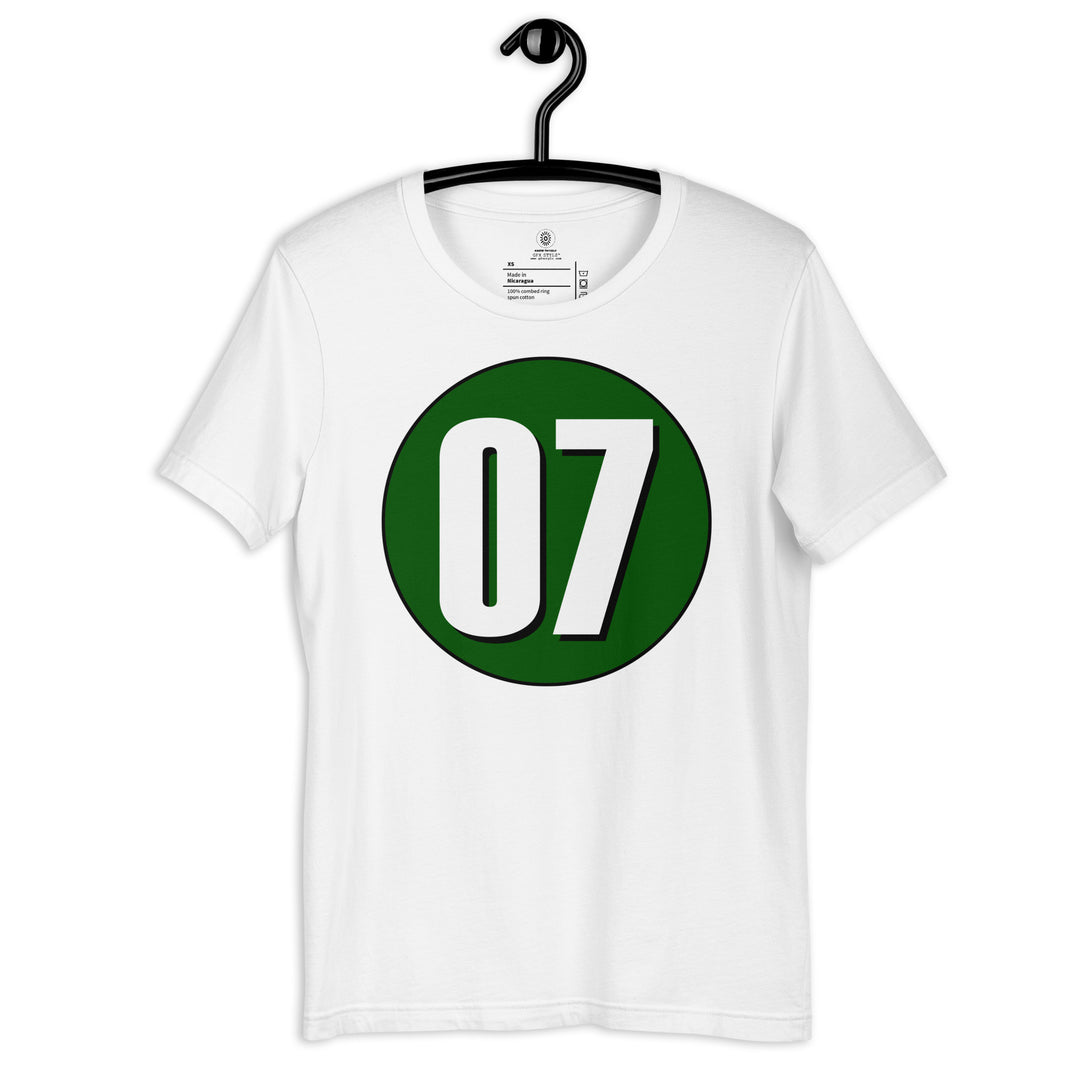 Unisex t-shirt: White on Hunter Green 07