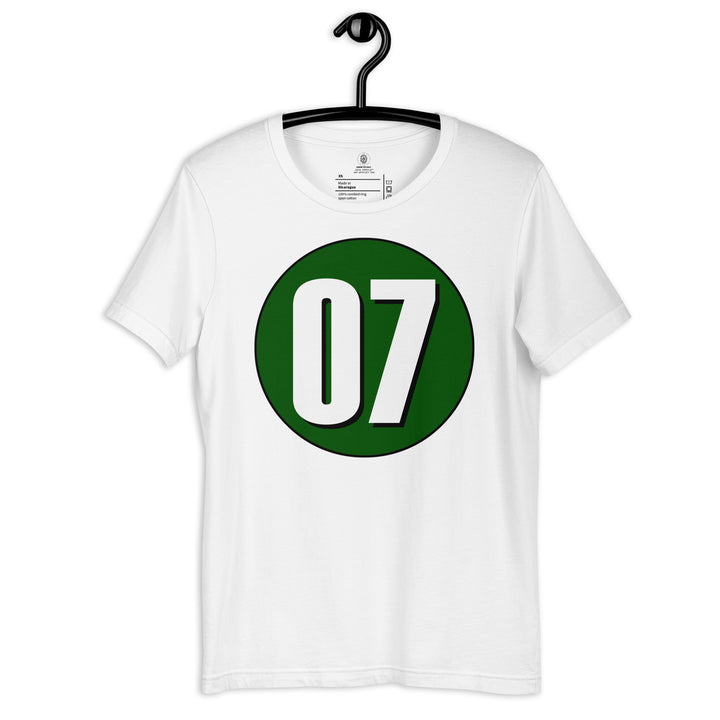 Unisex t-shirt: White on Hunter Green 07