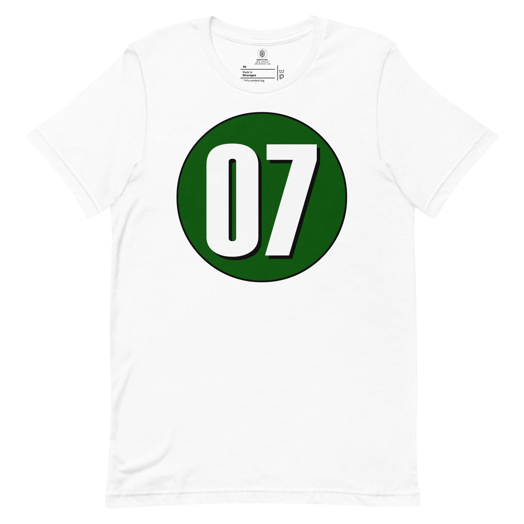 Unisex t-shirt: White on Hunter Green 07