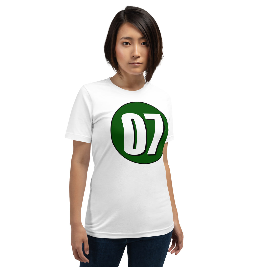 Unisex t-shirt: White on Hunter Green 07