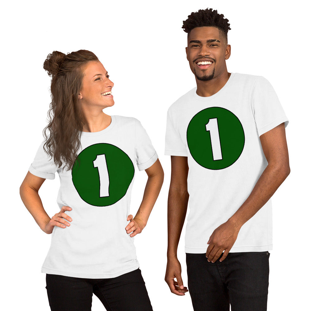 Unisex t-shirt: White on Hunter Green 1