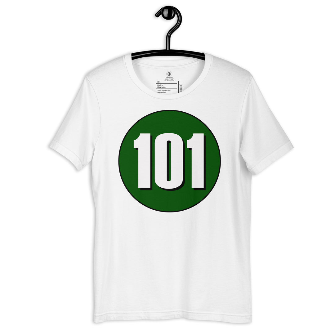 Unisex t-shirt: White on Hunter Green 101